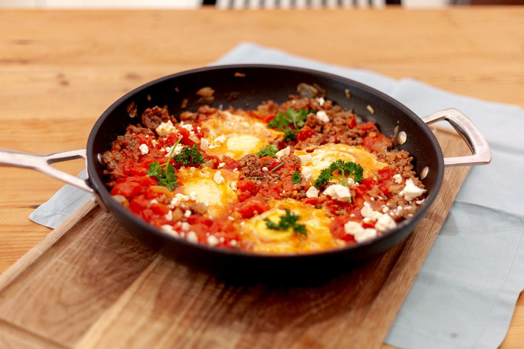 Beef and baked eggs